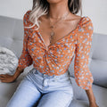 V-Neck Knotted Floral Chiffon Shirt Top - runwayfashionista.com