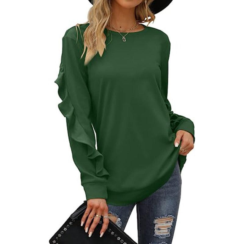 Casual Round Neck Pleated Long Sleeve Blouse - runwayfashionista.com