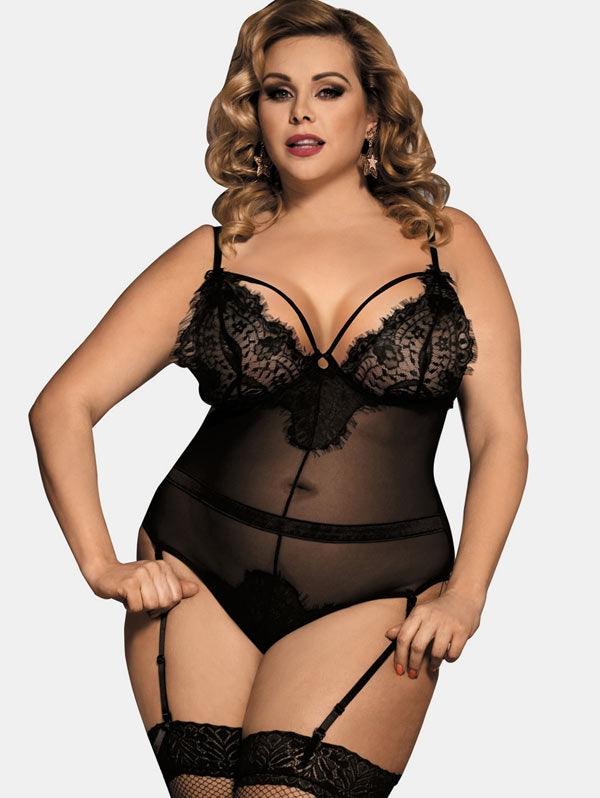 Plus Size Lace Insert Mesh Lingerie Teddy - runwayfashionista.com