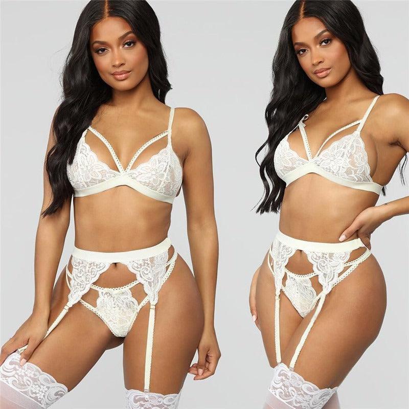 Lace Three Piece Lingerie Sexy Set - runwayfashionista.com