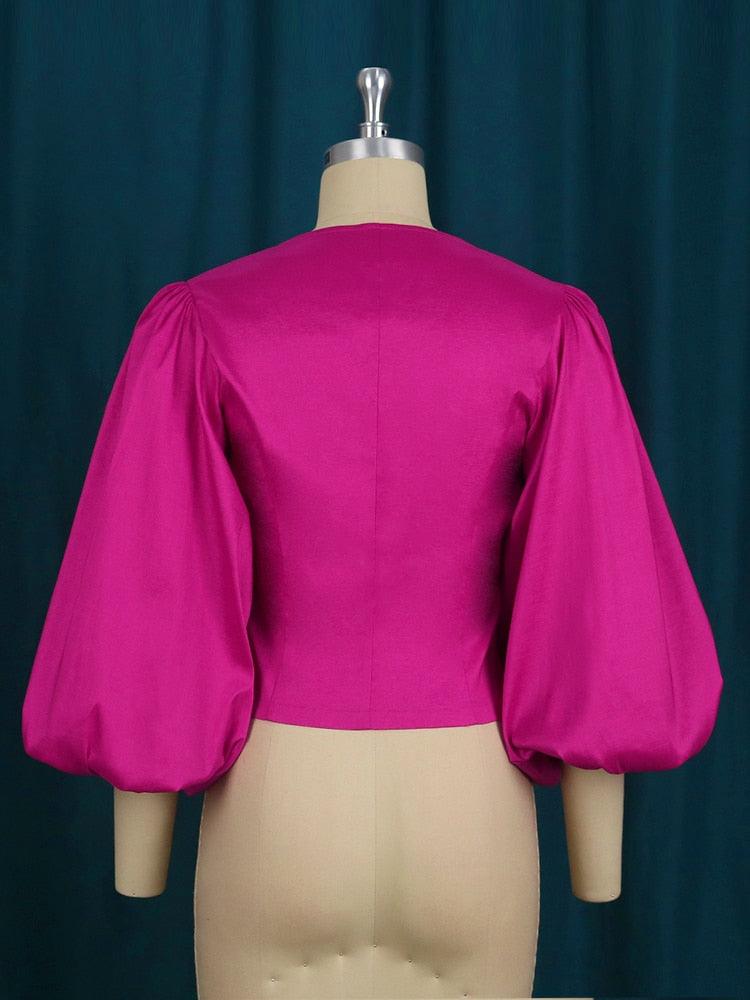 V-Neck Balloon Sleeve Party Blouse - runwayfashionista.com