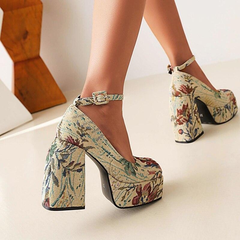 Square Head Platform Flat Buckle High Heel - runwayfashionista.com