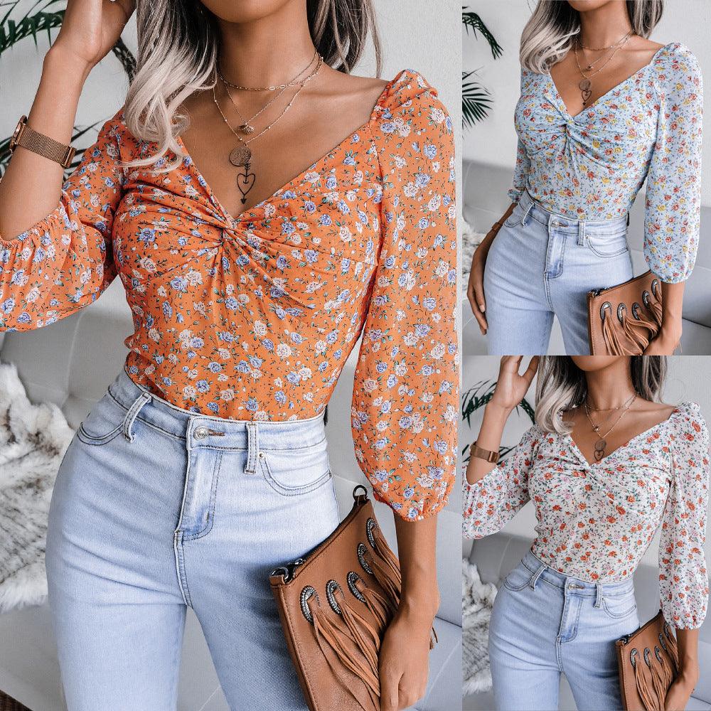 V-Neck Knotted Floral Chiffon Shirt Top - runwayfashionista.com