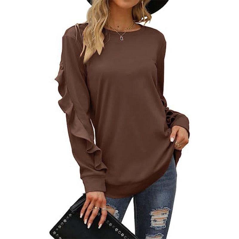 Casual Round Neck Pleated Long Sleeve Blouse - runwayfashionista.com