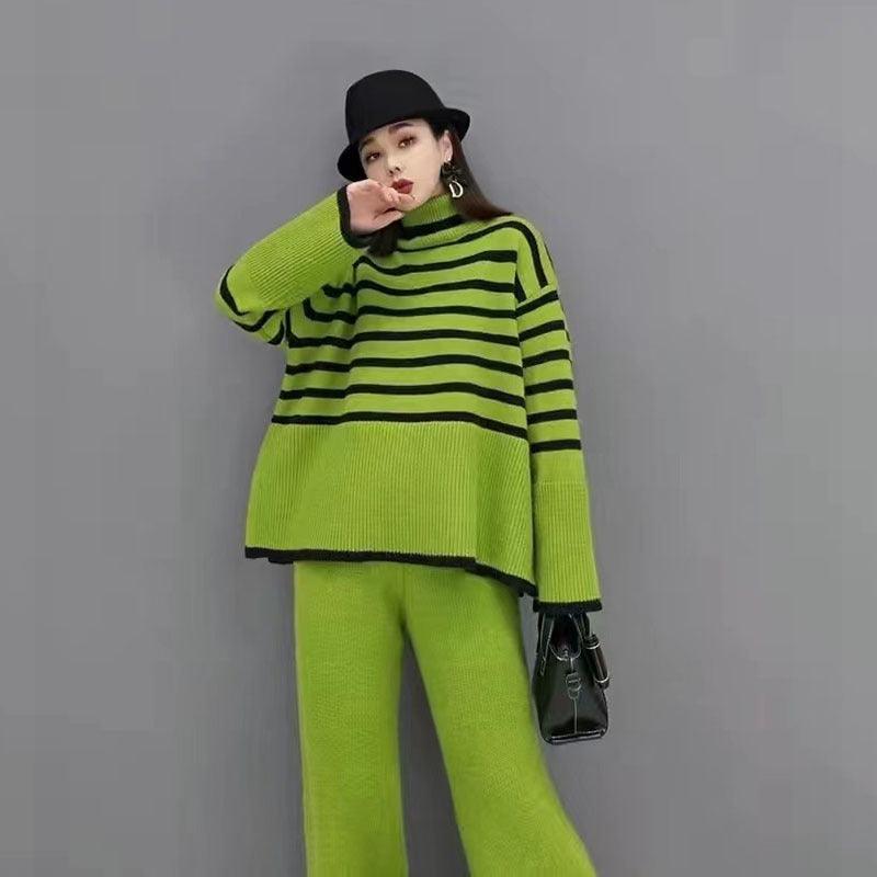 High Neck Sweater Wide Leg Trousers Two-Piece Suit - runwayfashionista.com