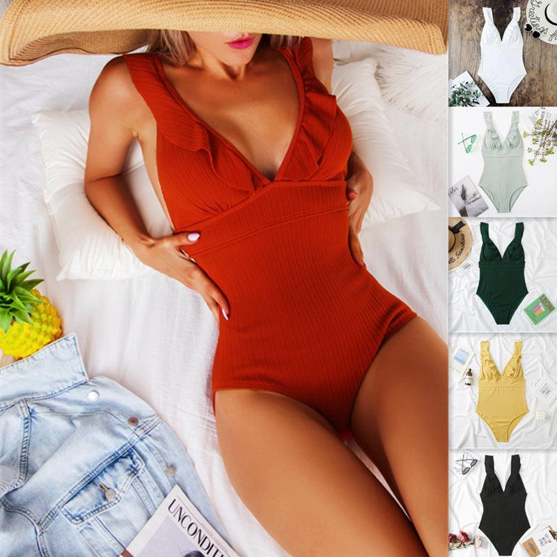 One Piece V-Neck Swimsuit - runwayfashionista.com