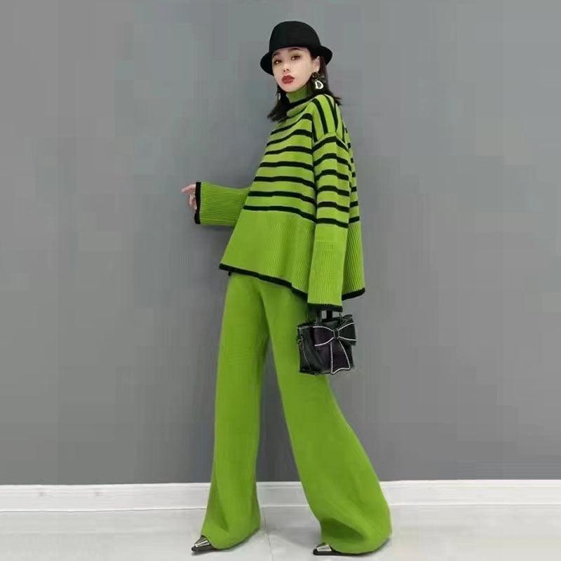 High Neck Sweater Wide Leg Trousers Two-Piece Suit - runwayfashionista.com