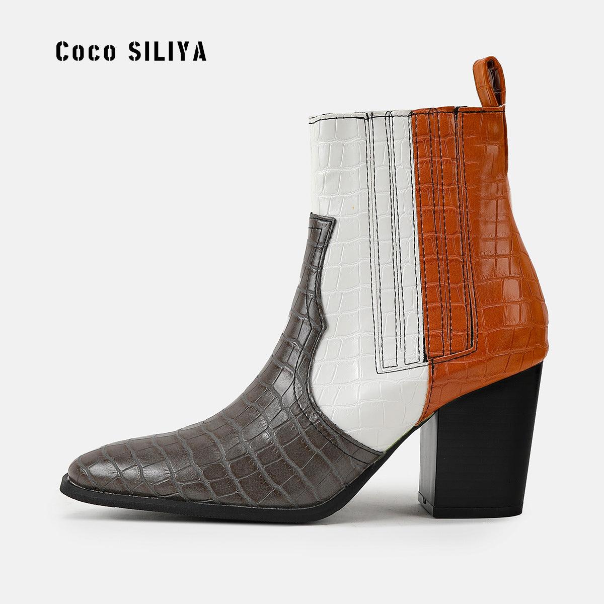 High Heel Color Contrast Snake Skin Short Boots - runwayfashionista.com