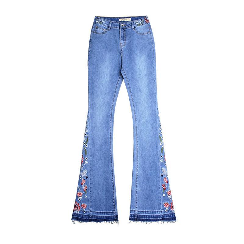 Wide Leg Bell Bottoms Embroidered Jeans - runwayfashionista.com