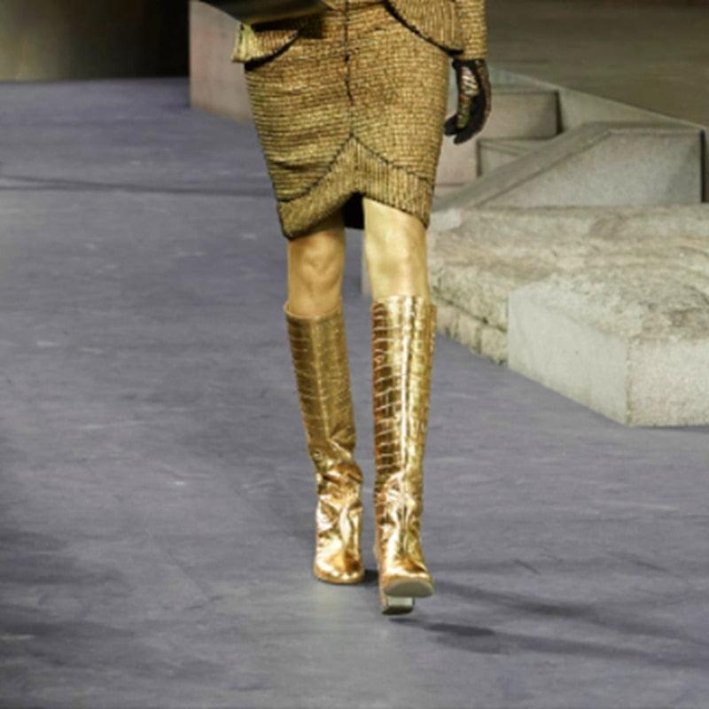 Crocodile Pattern Knee High Boots - runwayfashionista.com