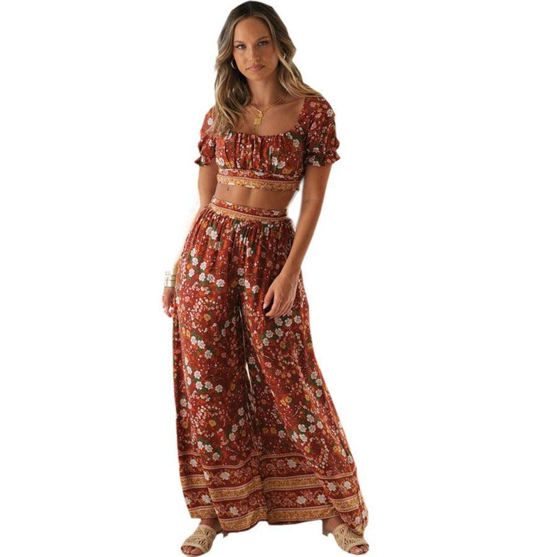 Bohemian Holiday Print Suit Short Top+High Waist Trousers - runwayfashionista.com