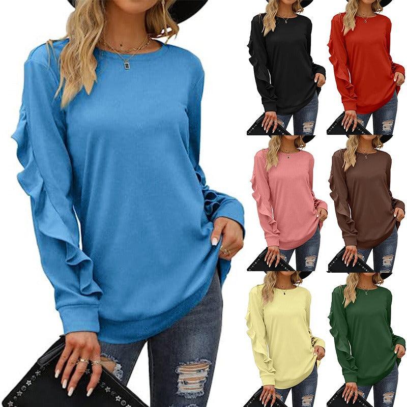 Casual Round Neck Pleated Long Sleeve Blouse - runwayfashionista.com