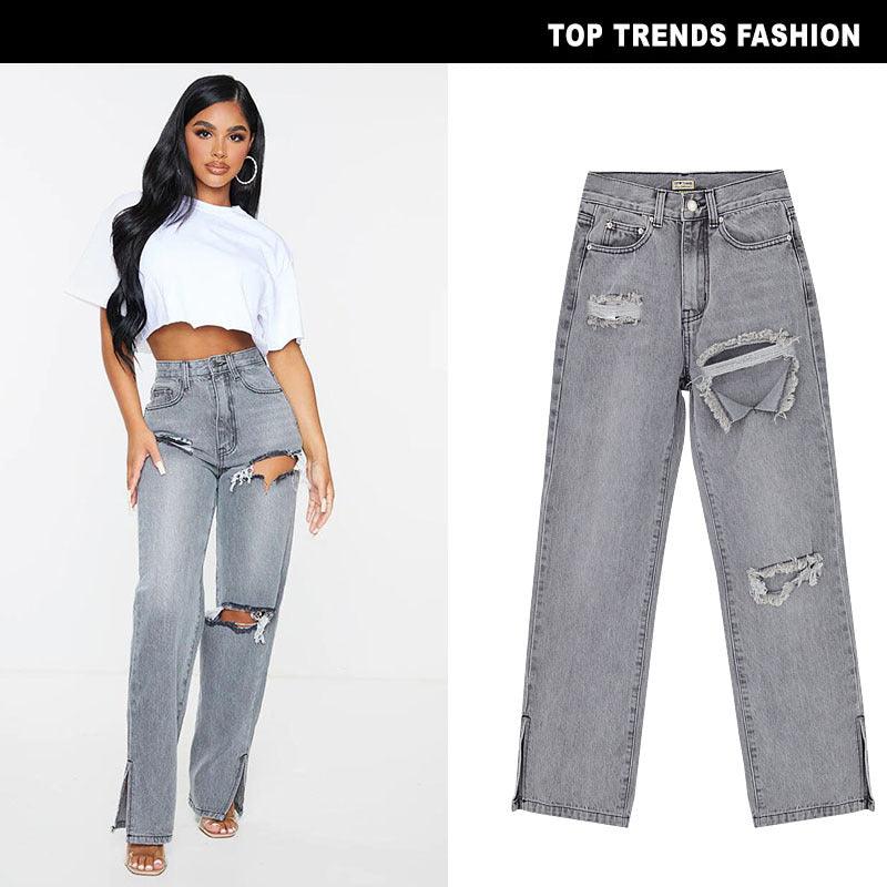 High Waist Straight Denim Trousers - runwayfashionista.com