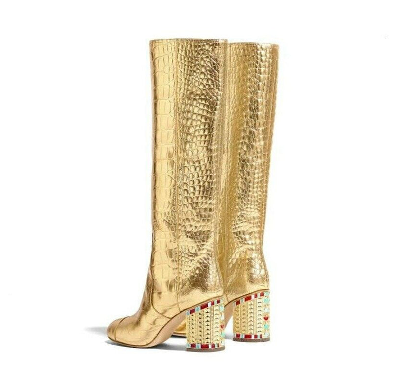 Crocodile Pattern Knee High Boots - runwayfashionista.com