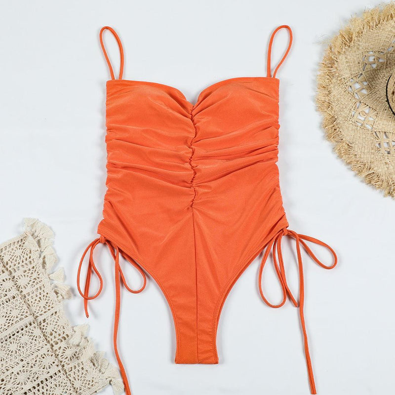 One Piece Pleated Sexy Sling Swimsuit - runwayfashionista.com