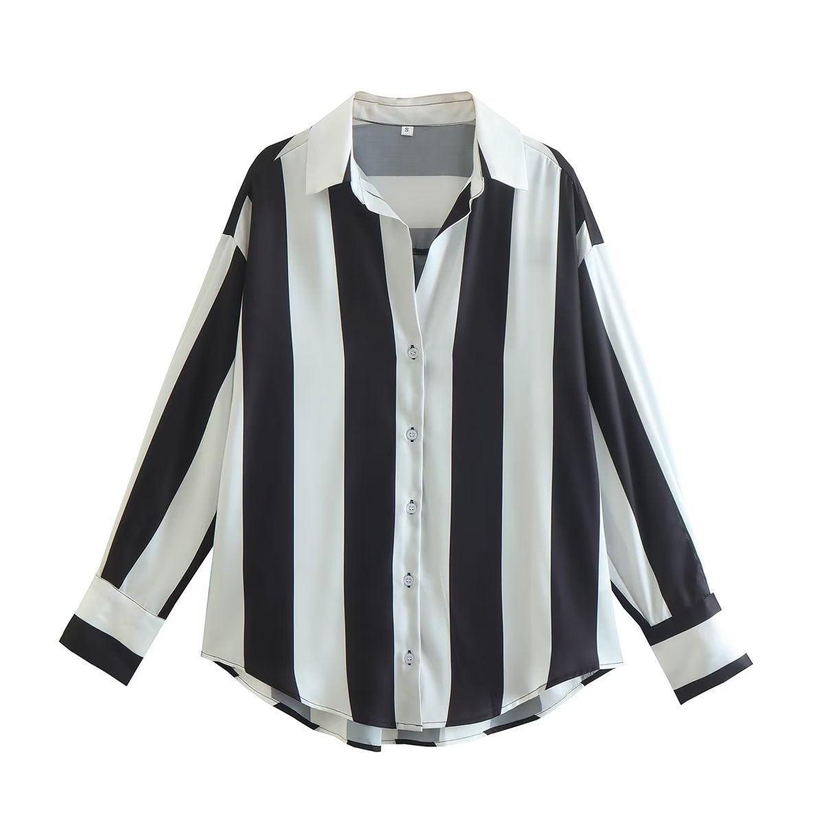 Tricolor Vertical Stripe Splice Shirt - runwayfashionista.com