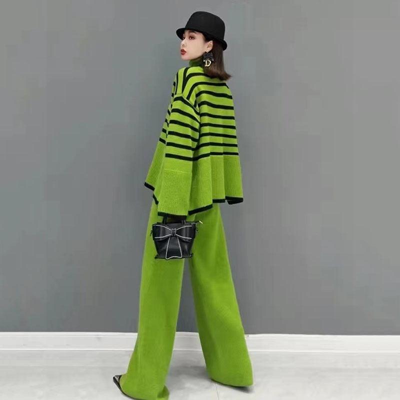 High Neck Sweater Wide Leg Trousers Two-Piece Suit - runwayfashionista.com