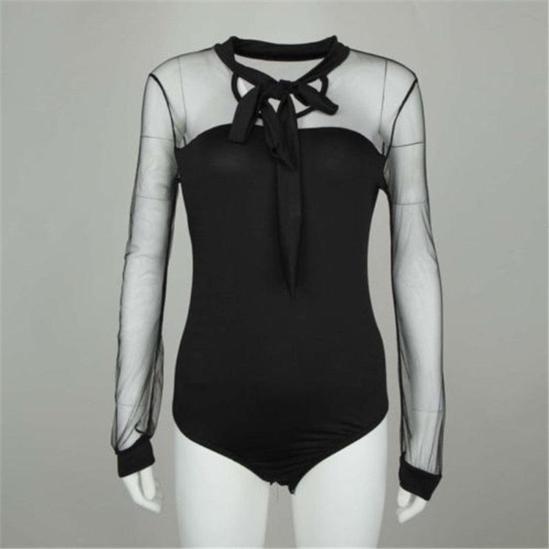 Mock Neck Patchwork Long Sleeve Bodysuit - runwayfashionista.com