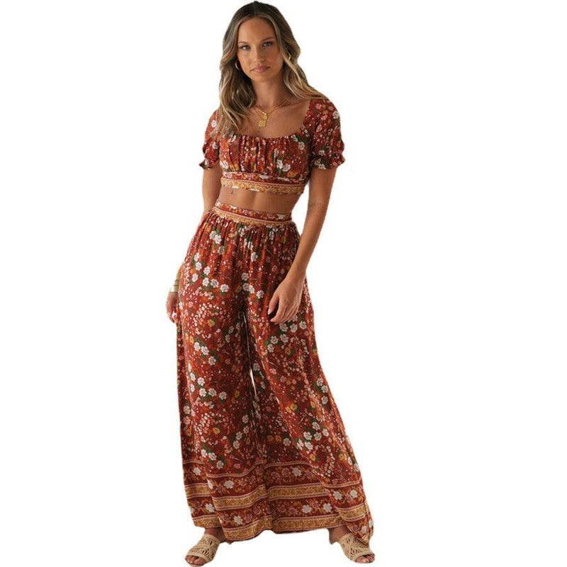 Bohemian Holiday Print Suit Short Top+High Waist Trousers - runwayfashionista.com