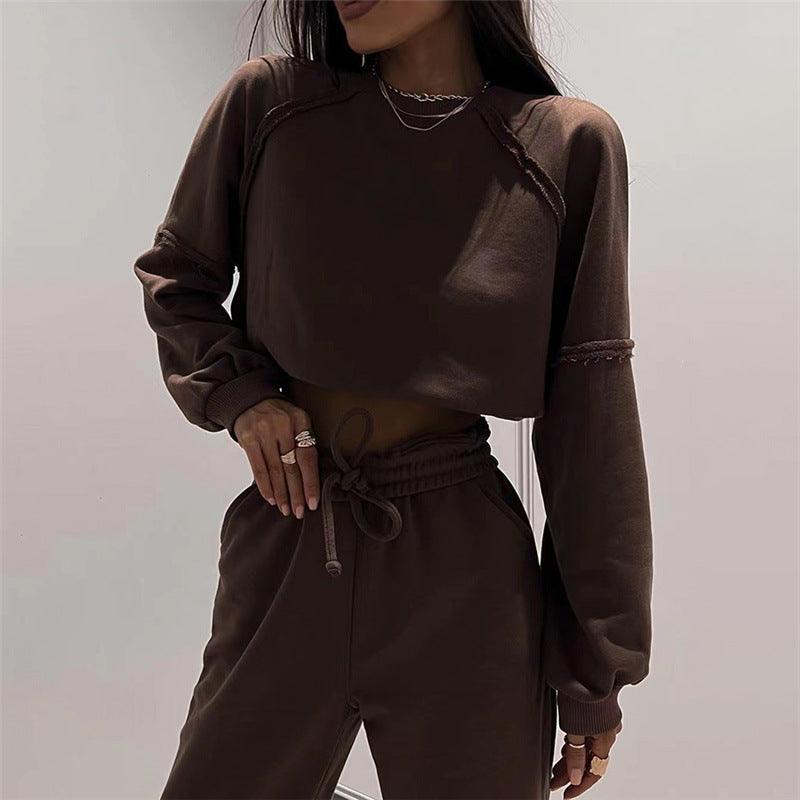 Round Neck Long Sleeve Casual Pants Set - runwayfashionista.com