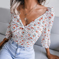 V-Neck Knotted Floral Chiffon Shirt Top - runwayfashionista.com