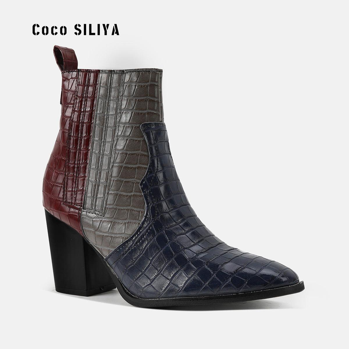 High Heel Color Contrast Snake Skin Short Boots - runwayfashionista.com