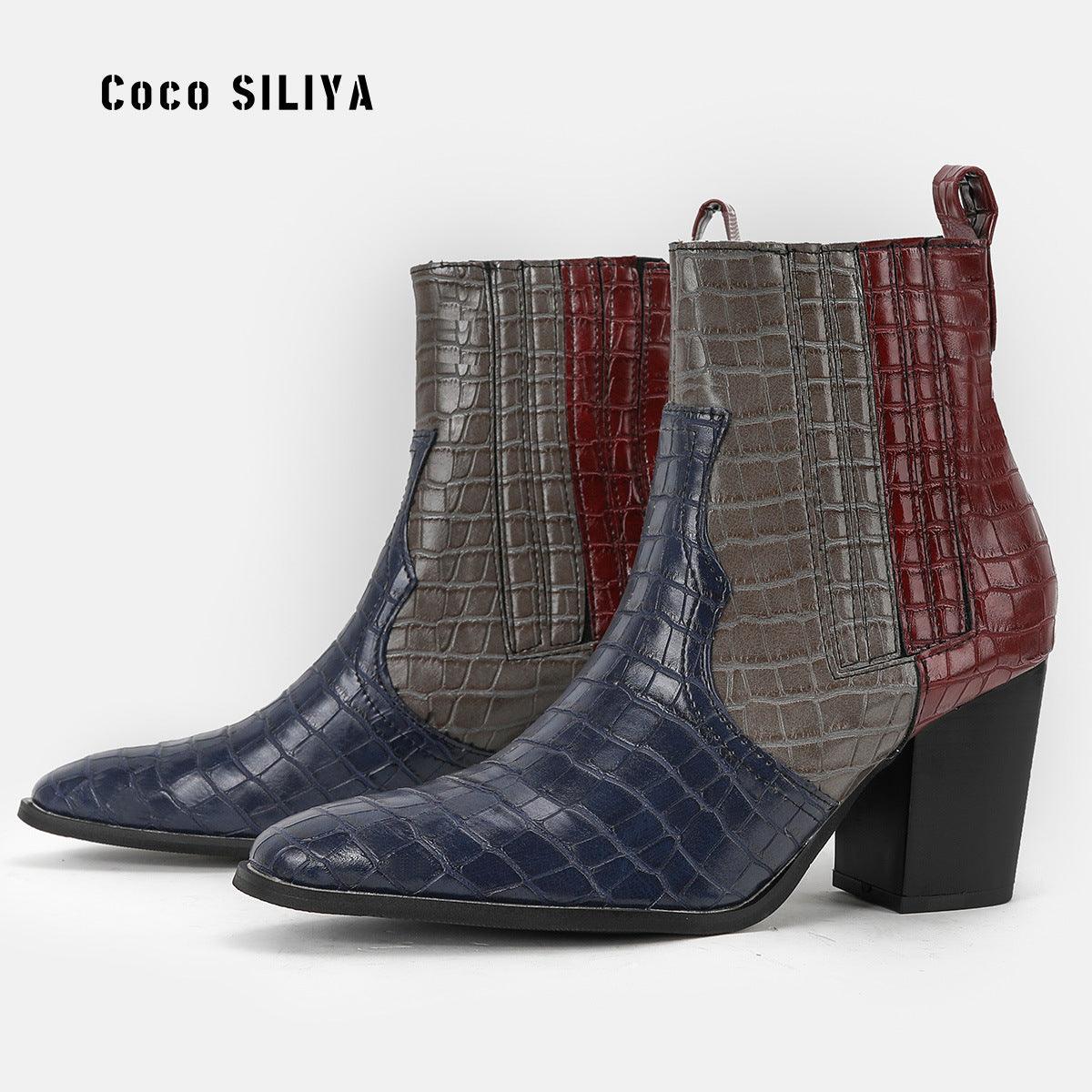 High Heel Color Contrast Snake Skin Short Boots - runwayfashionista.com