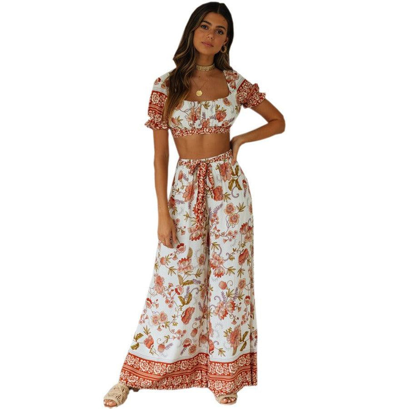 Bohemian Holiday Print Suit Short Top+High Waist Trousers - runwayfashionista.com