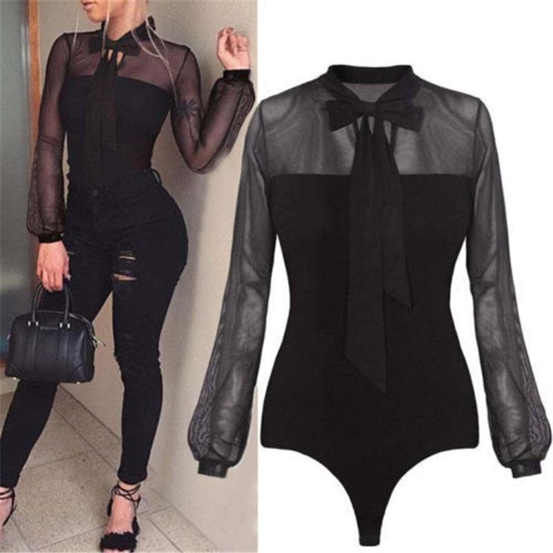 Mock Neck Patchwork Long Sleeve Bodysuit - runwayfashionista.com