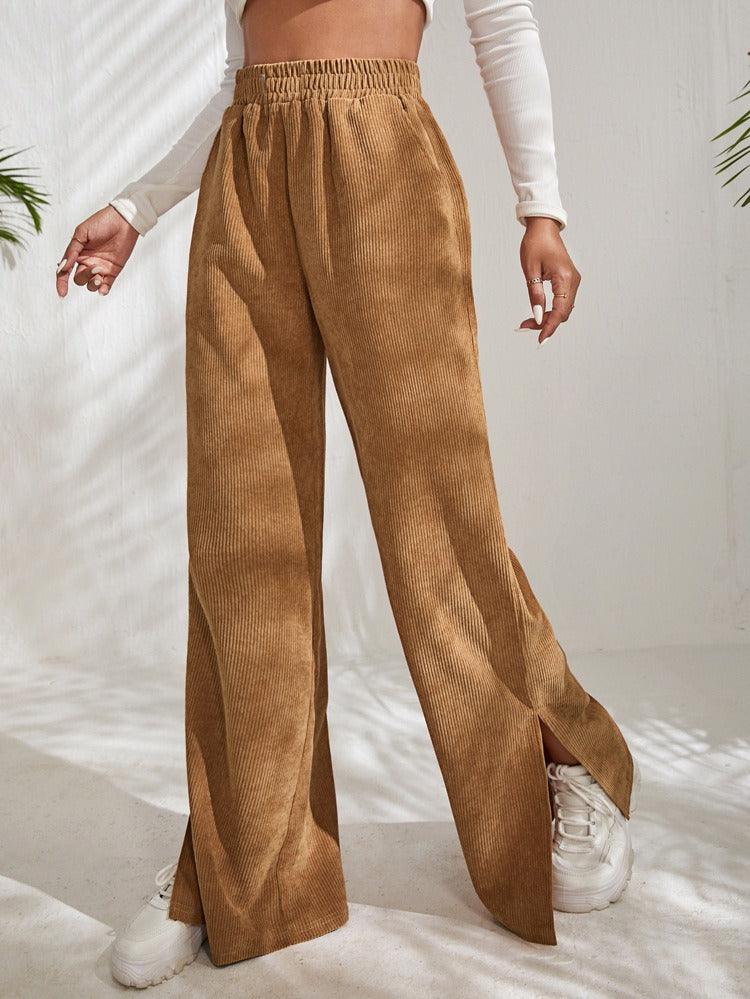 Corduroy Splice Slit Bottom Pants - runwayfashionista.com