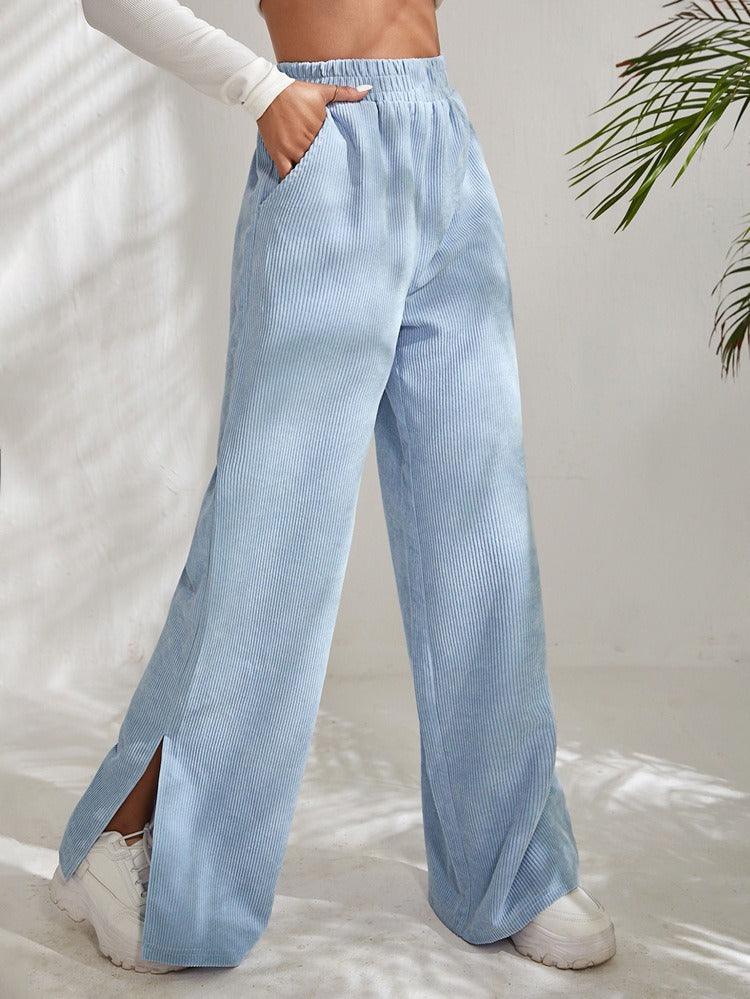 Corduroy Splice Slit Bottom Pants - runwayfashionista.com