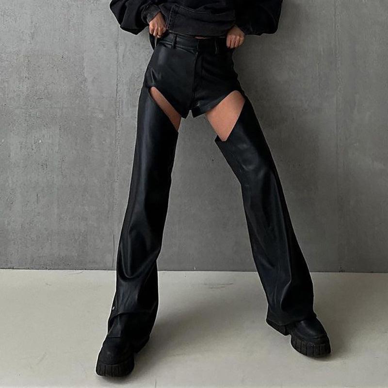 Design Sense Inner Hollow Leather Pants - runwayfashionista.com