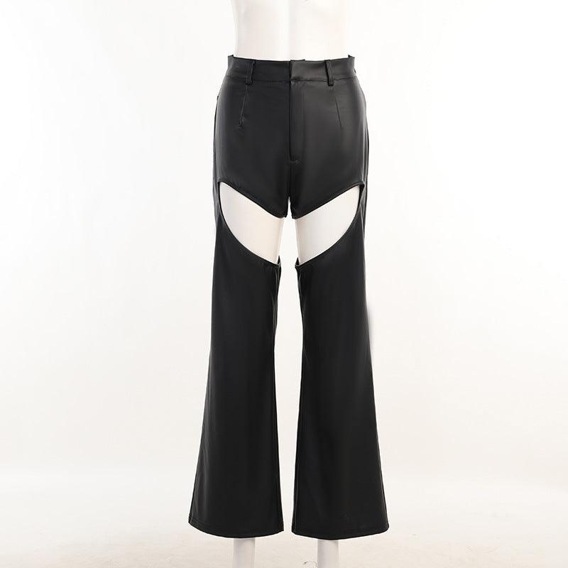 Design Sense Inner Hollow Leather Pants - runwayfashionista.com