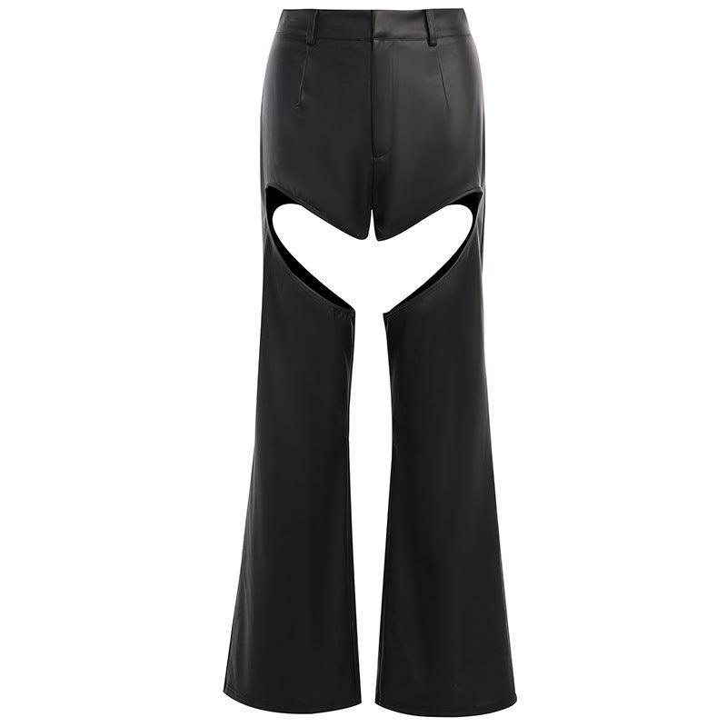 Design Sense Inner Hollow Leather Pants - runwayfashionista.com