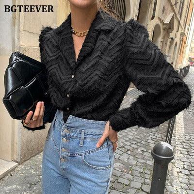 Elegant Notched Collar Tassels Blouses - runwayfashionista.com