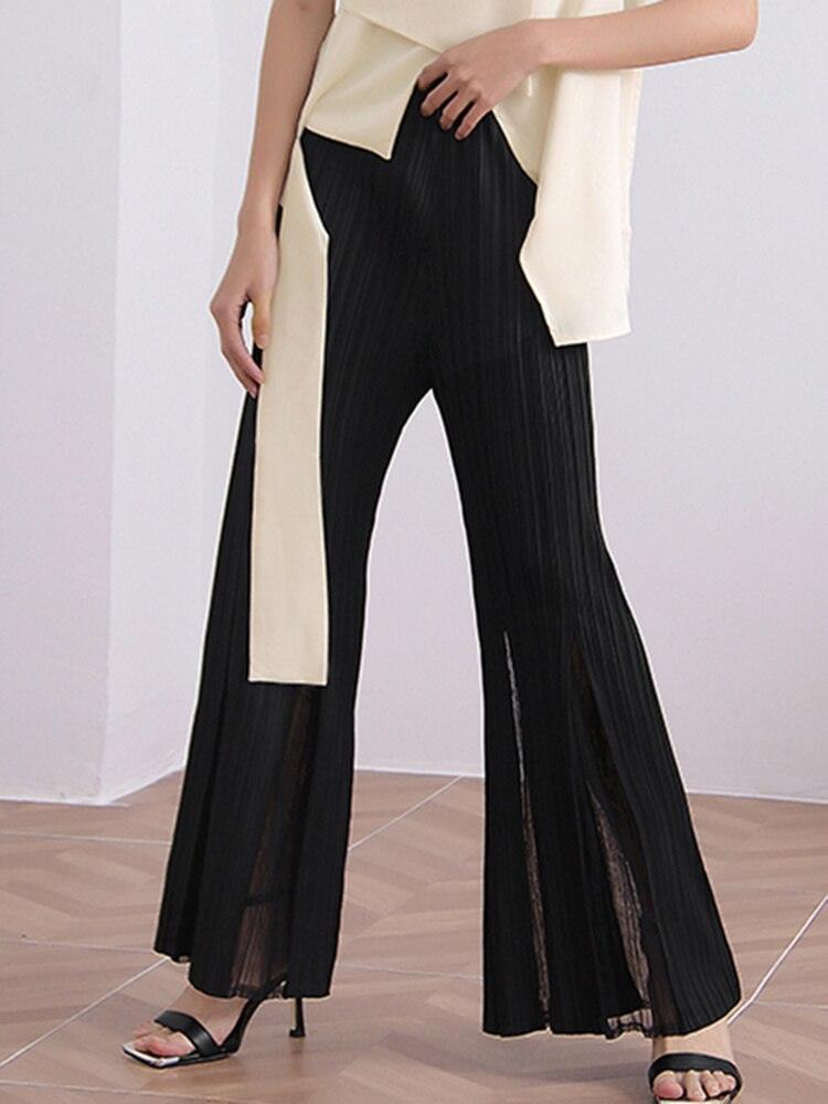 High Waist Spliced Mesh Pleated Pants - runwayfashionista.com