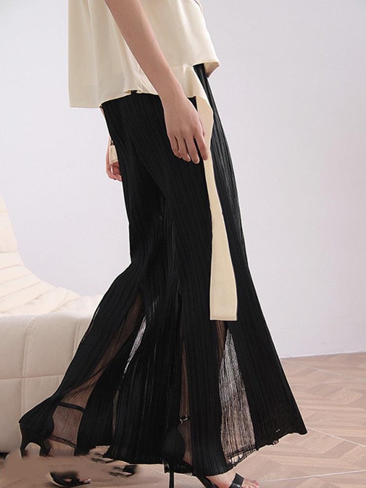 High Waist Spliced Mesh Pleated Pants - runwayfashionista.com