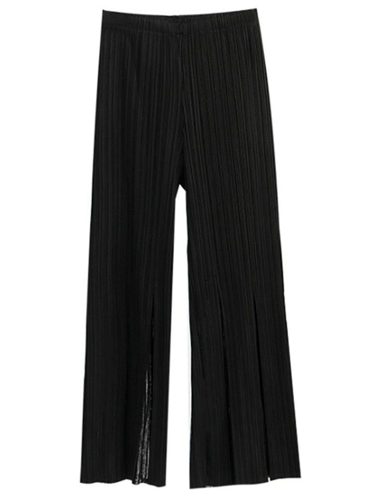 High Waist Spliced Mesh Pleated Pants - runwayfashionista.com