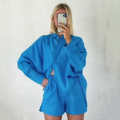 Long Sleeve Shorts Two-Piece Pleated Suit - runwayfashionista.com