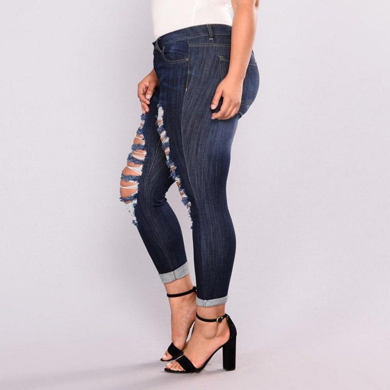 Plus Size High Elastic Hole Jeans - runwayfashionista.com