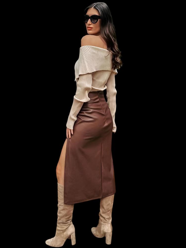 Side Slit Faux Leather Draped Midi Pencil Skirt - runwayfashionista.com