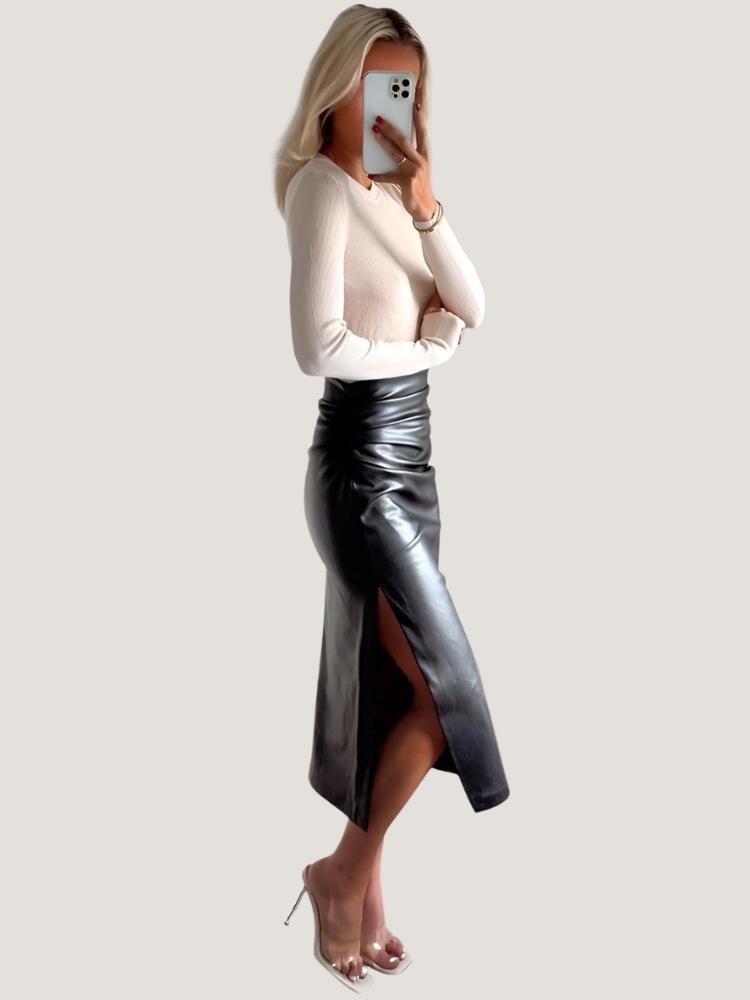 Side Slit Faux Leather Draped Midi Pencil Skirt - runwayfashionista.com