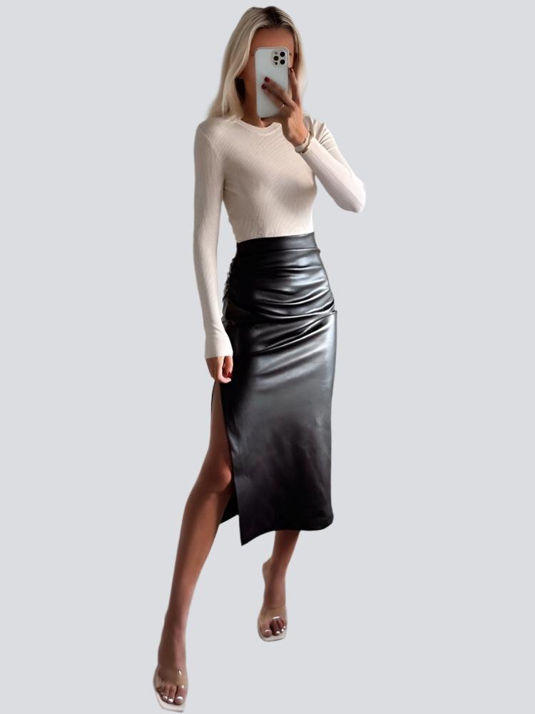 Side Slit Faux Leather Draped Midi Pencil Skirt - runwayfashionista.com