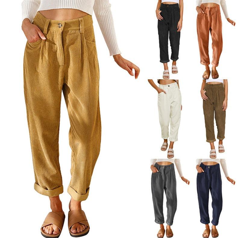 Solid Corduroy Loose Straight Pants - runwayfashionista.com