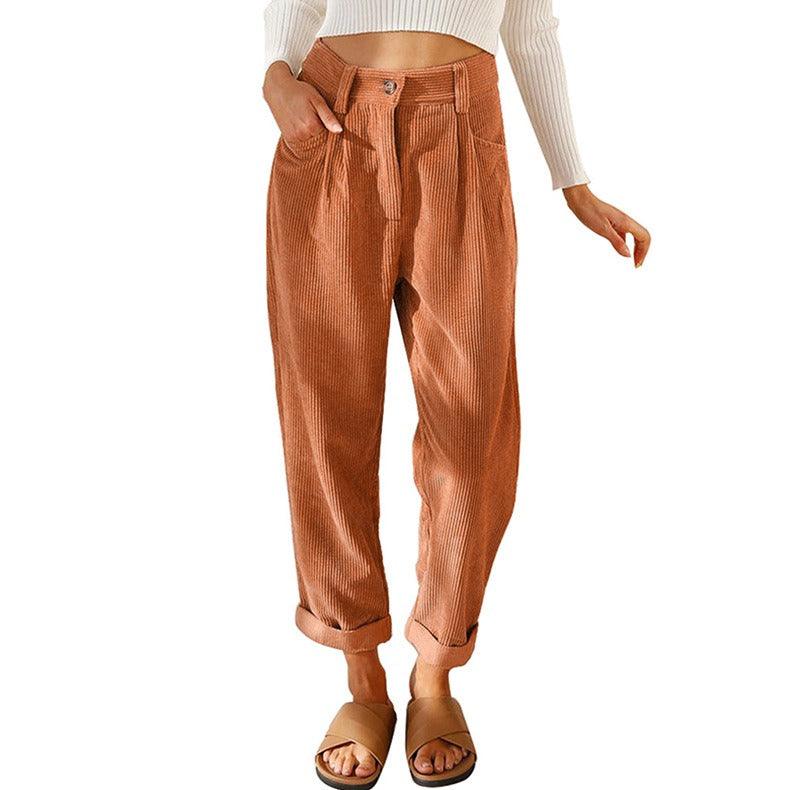 Solid Corduroy Loose Straight Pants - runwayfashionista.com