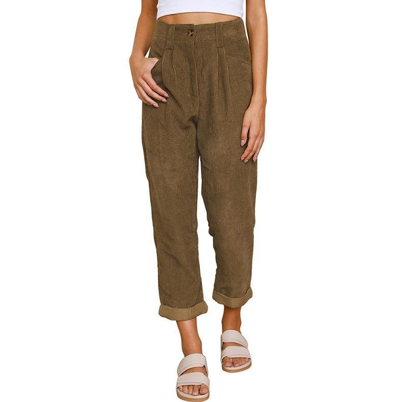 Solid Corduroy Loose Straight Pants - runwayfashionista.com