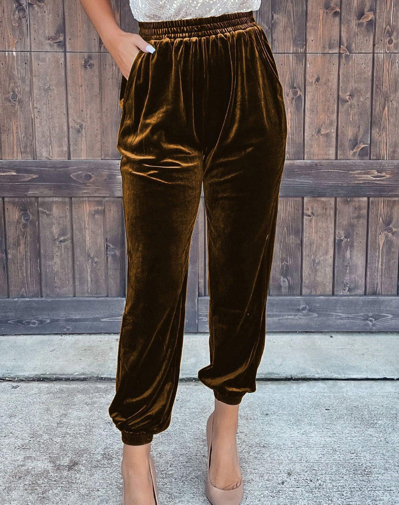 Solid Straight Trousers Elastic Waist - runwayfashionista.com