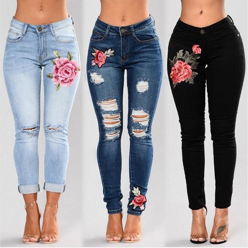 Stretch Embroidered Elastic Flower Jeans - runwayfashionista.com