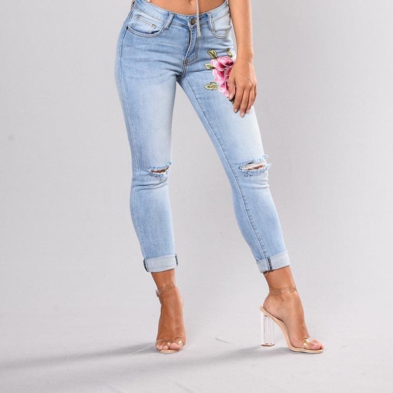 Stretch Embroidered Elastic Flower Jeans - runwayfashionista.com