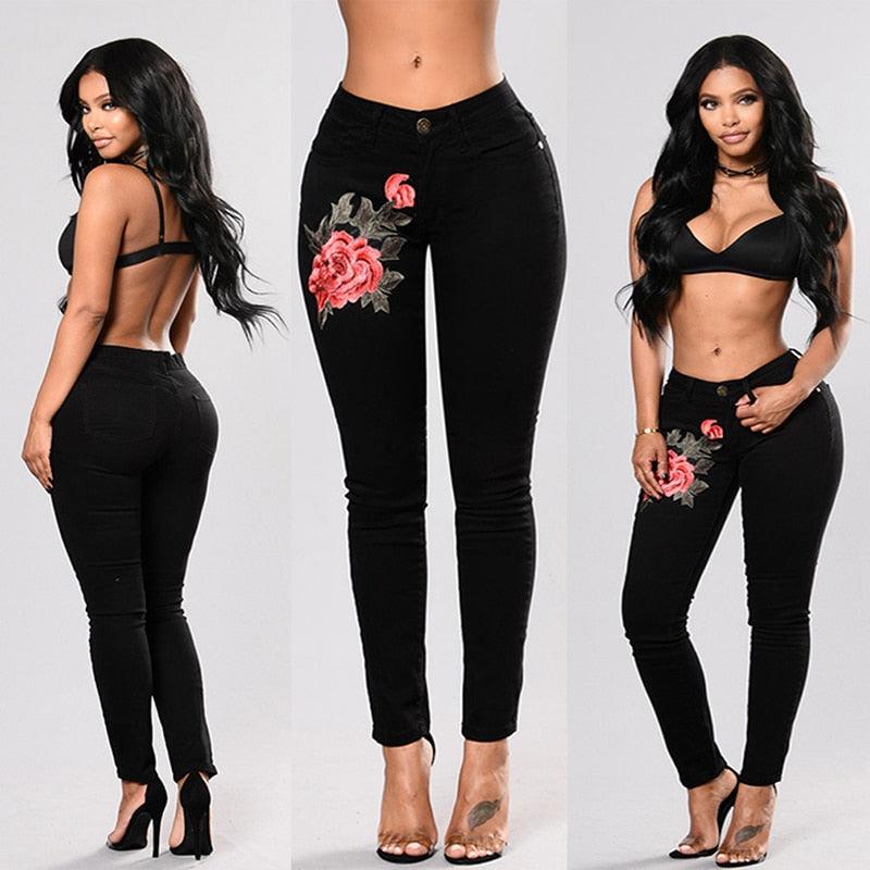 Stretch Embroidered Elastic Flower Jeans - runwayfashionista.com